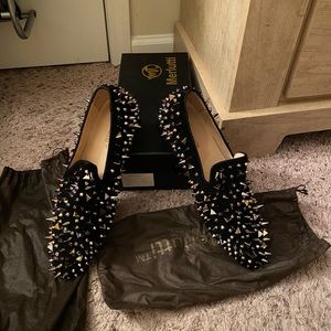 Men’s Black Merlutti dress shoes with black, silver, and gold detail